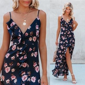 Vici Navy Floral Ruffle Maxi Dress with Pink Blooms